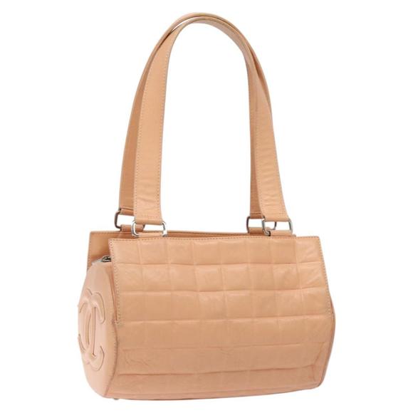 CHANEL Choco Bar Hand Bag Leather Beige Silver CC Auth mr1360 - Picture 1 of 16